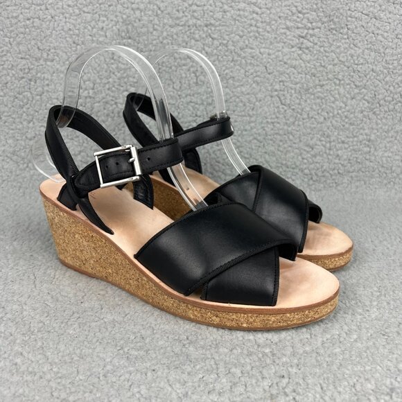 A.P.C. Suzy Sandals Womens 9 39 Shoes Black Leather Cork Wedge Heels Strappy APC - Picture 1 of 12